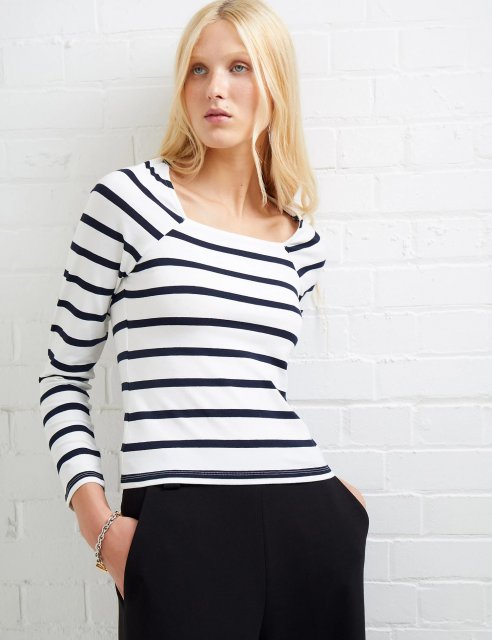 French Connection Rallie Stripe LS Square Neck Tee