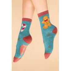 Gingerbread Man Ladies Ankle Socks Aqua