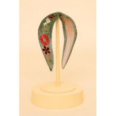 Embroidered Narrow Headband 70s Kaleidoscope Floral Sage