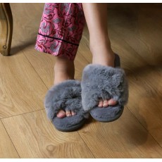 POM Pale Grey fluffy fur crossover slippers S/M