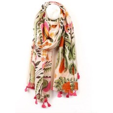 POM Ecru/Green/Orange Organic Cotton Folksy Floral Scarf with Pink Tassels