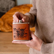 Leather Hip Flask Scenic-Highland Cow