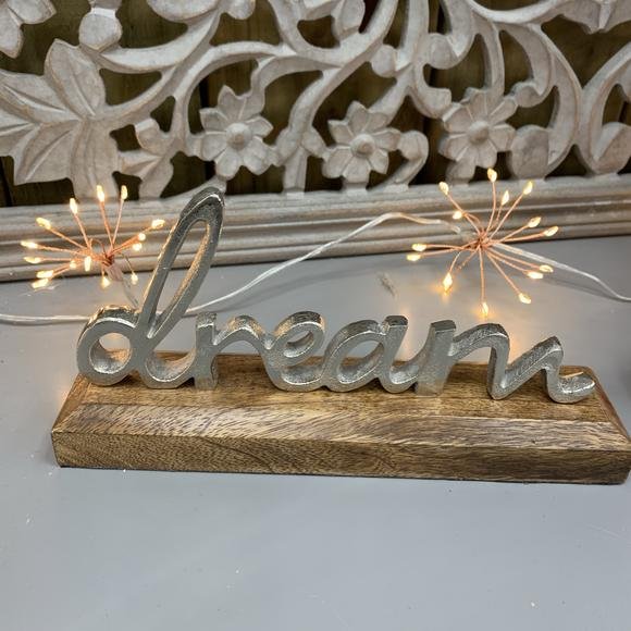 Silver Metal Dream On Wooden Base