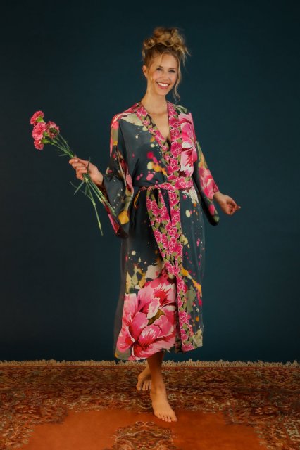 Powder Painted Peony Lux Kimono Gown