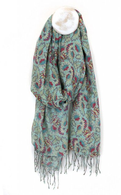 POM Dusky Turquoise Romantic Garden Floral Modal Scarf with Fringe Trim