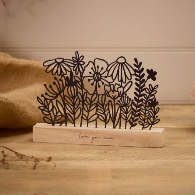 Richard Lang Love You Mum Wood Block With Metal Flowers