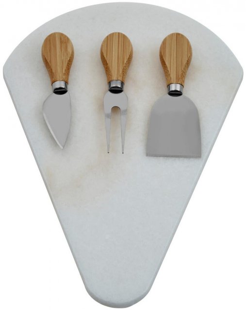 Kindia White Fan Shaped Marble Cheese Board With 3 Knives