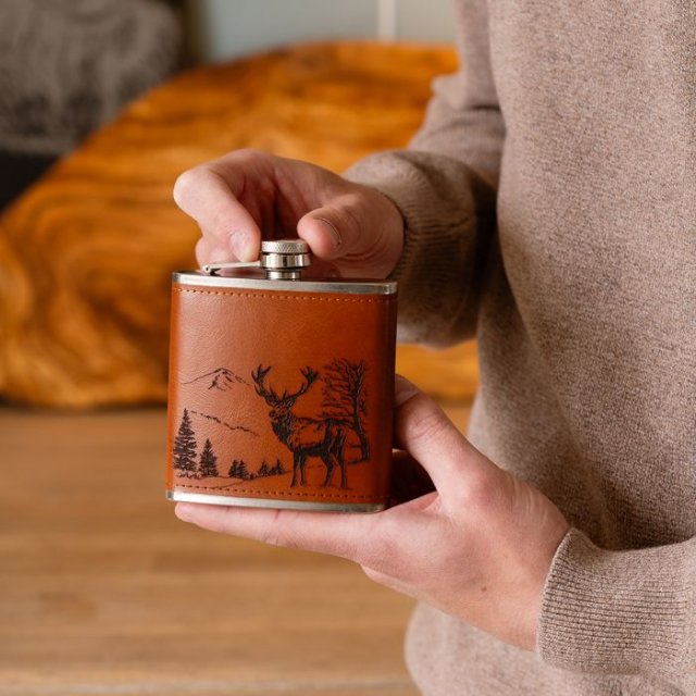 Leather Hip Flask-Scenic Stag