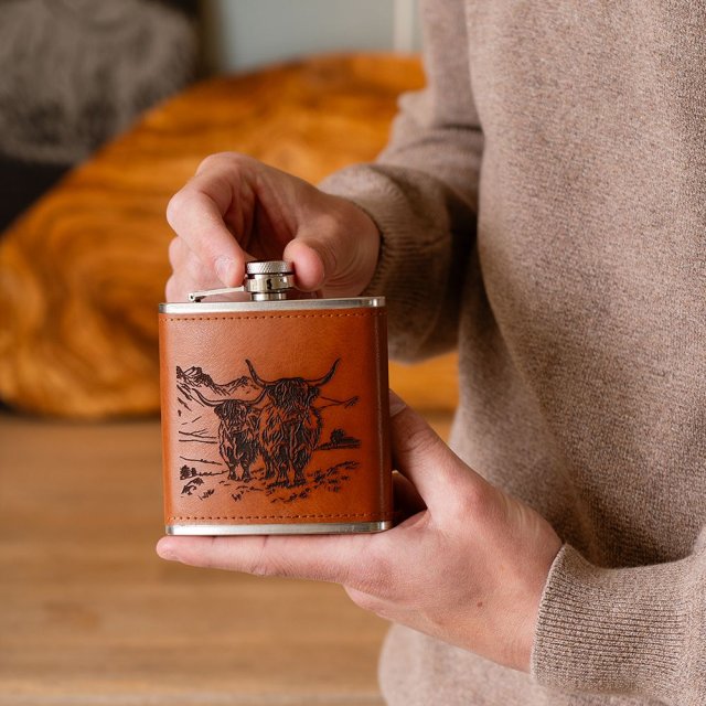 Leather Hip Flask Scenic-Highland Cow
