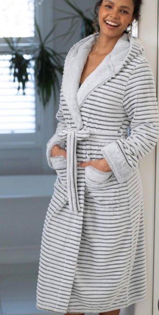 Cosy Ribbed Fleece Midi Hooded Dressing Gown